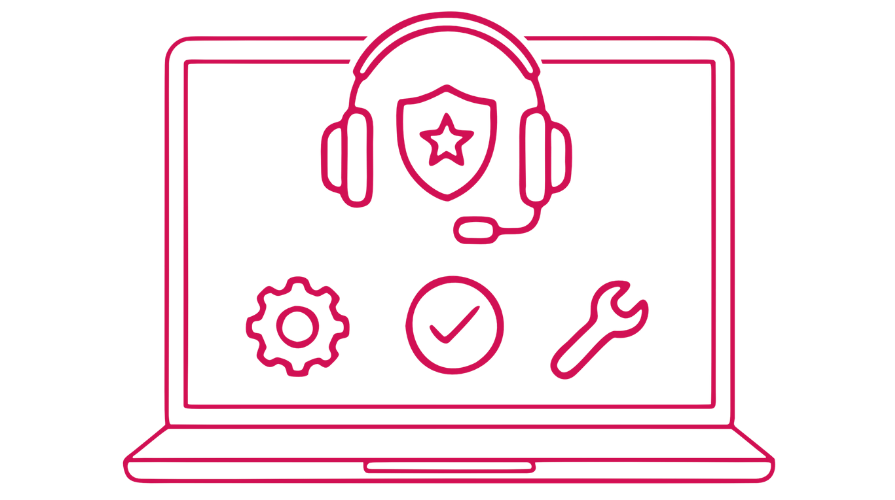 Illustration of a laptop with a headset and support icons representing WordPress and WooCommerce website maintenance and technical support services